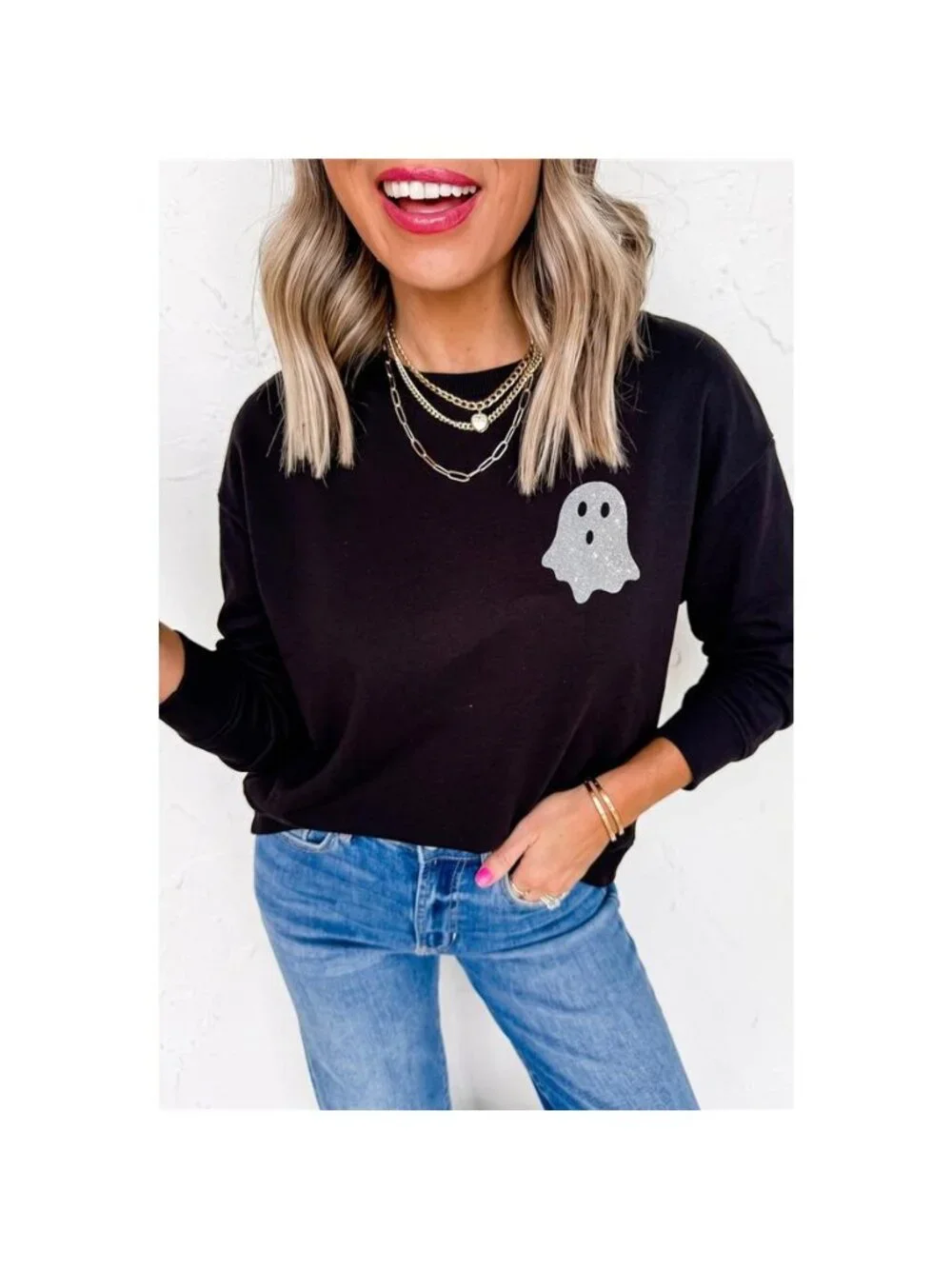 Round Neck Ghost Print Regular Fit Graphic Long Sleeve T-Shirt